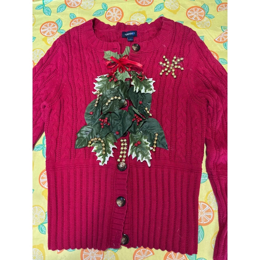 Christmas Womens Splendor‎ Holiday Cardigan Large Red 3D Holly Snowflake Sweater